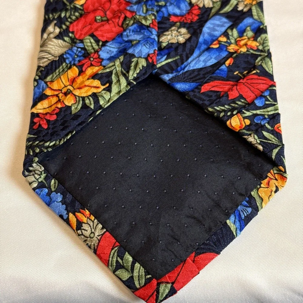 BURDI Chicago Men's Silk XL Necktie ITALY Designer Floral Red/Blue/Gold‎ EUC